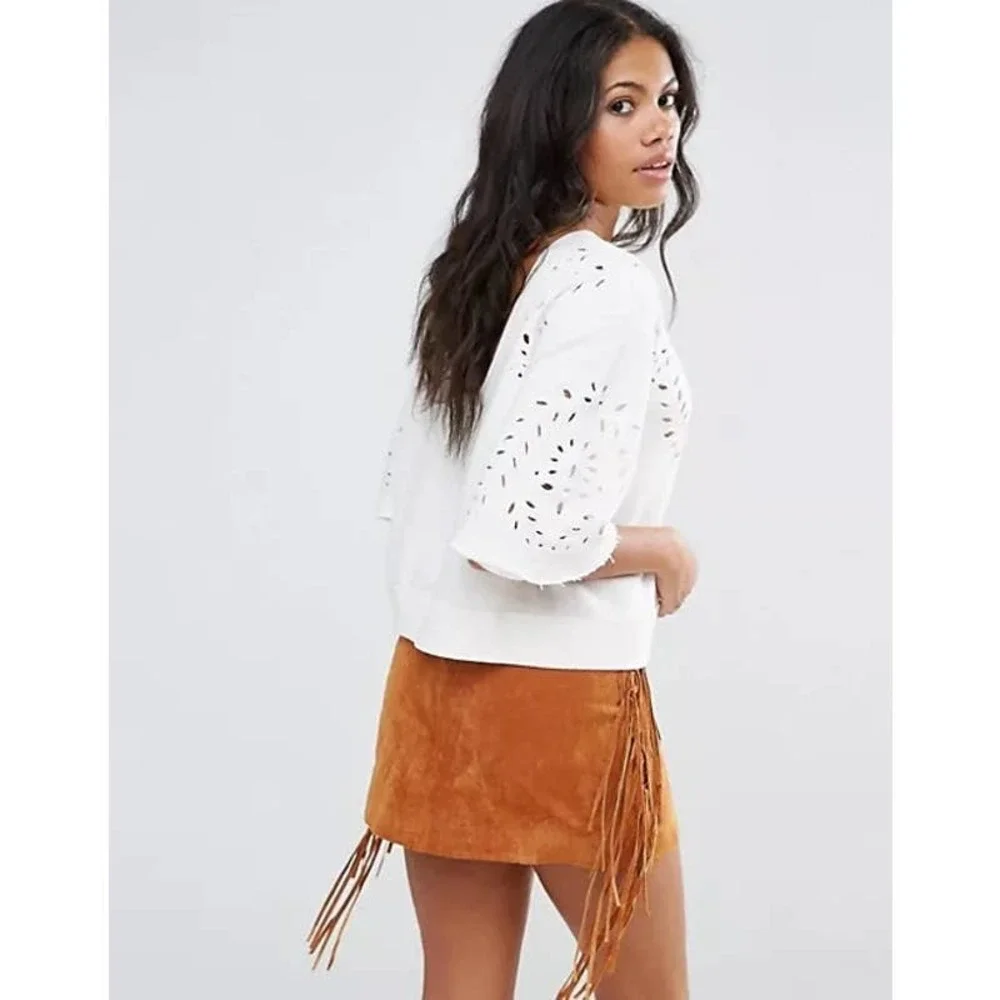 Free People Crumpette Cutwork Print Top Size XS Ivory Cropped Sweatshirt‎ Eyelet
